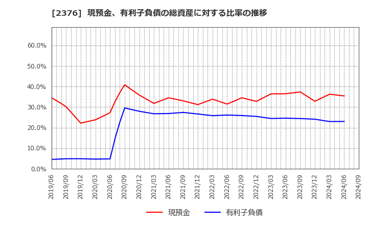 2376 (株)サイネックス: 現預金、有利子負債の総資産に対する比率の推移